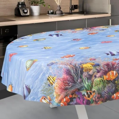 Image of ANRO Oilcloth Tablecloth, Washable, Oilcloth, Garden Outdoor, Indoor, Oval, 200 x 140 cm, Cut Edge, Aquarium