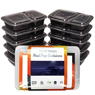 Image of Fleur Foods Meal Prep Containers BPA Free Plastic Food Storage Trays with Airtight Lids Microwave, Freezer &amp; Dishwasher Safe Stackable Portion Control Lunch Boxes (2 Compartment [1000ml])