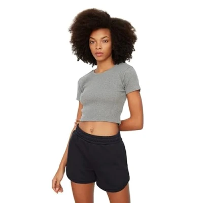 Image of Trendyol Women Fitted Basic Crew Neck Knit Blouse Grey