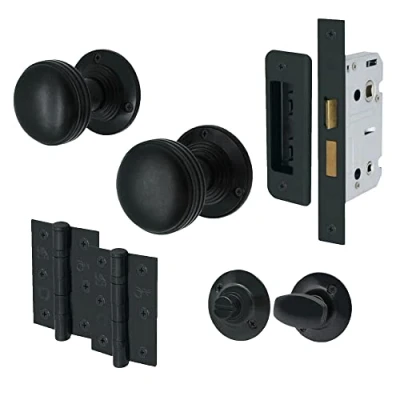 Image of EAI Lined Bathroom Door Knob Set Matt Black 1 Pair of Mortice Knobs (55mm), Lock (80mm) &amp; Hinges (76mm) for Internal Doors