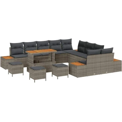 Image of vidaXL 14 Piece Garden Sofa Set with Cushions Grey Poly Rattan Acacia