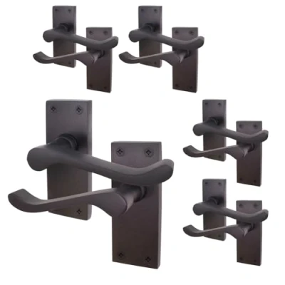 Image of EAI Black Victorian Scroll Door Handles 5 Pairs of Matt Internal Lever Latch on Backplate