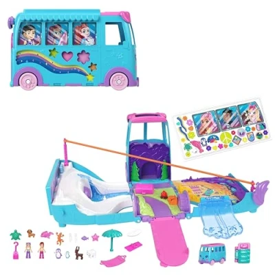 Image of Polly Pocket Podróżny Van Mega przygoda Zestaw Pojazd zabawka kamper z transformacją, 2 mikrolalki, akcesoria, figurki zwierzątek i małe autko, JCC22
