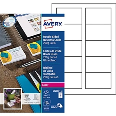 Image of Avery C32016 10 Business Cards Smooth Edged Satin Look 220 g/m² for Colour and Monochrome Laser Printers 85 x 54 mm Set of 100