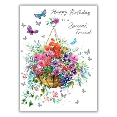 Image of Special Friend Birthday Card Female for Her Floral, Butterflies &amp; Bees Artistic Design Flowers in Hanging Basket Made the UK Eco Friendly