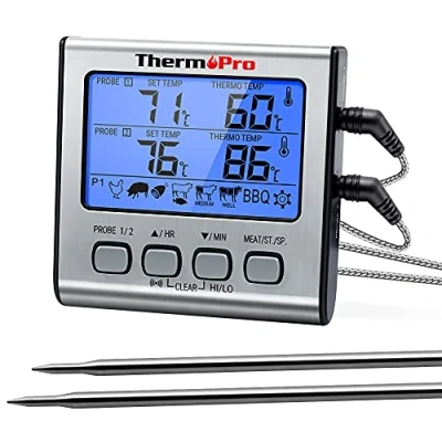 Image of ThermoPro TP17 Digital Meat Thermometer Cooking Grill BBQ with Dual Food Temperature Probes for Smoker Kitchen Oven Large LCD Backlight Timer Alarm