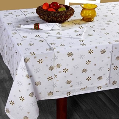 Image of HOMESCAPES Christmas Tablecloth Gold Snowflake x Mas design 54 90 Inch 100% Cotton White and Colour Washable at Home