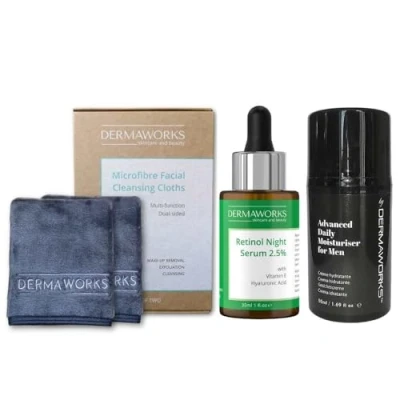 Image of Men’s Anti aging Skincare Gift Set: Expert Face Cream Moisturiser with Vitamin E 50ml + Retinol Serum 30ml Exfoliating Flannel Cloths Deep Cleansing Pro Collagen by DERMAWORKS