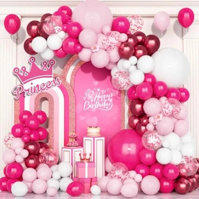 Image of Teselife Hot Pink White Balloon, 123 PCS Pastel Balloon Garland Arch Kit Latex Metallic Red Confetti Balloons for Girls Women Birthday Baby Bridal Shower Wedding Anniversary Hen Party Decor