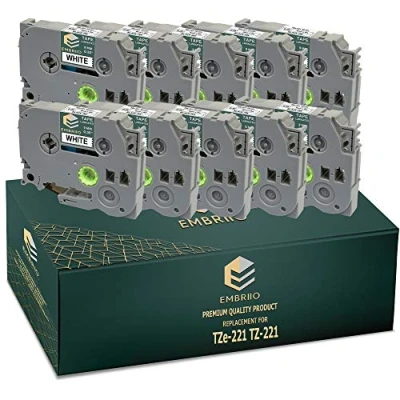 Image of EMBRIIO TZe 221 TZ 10 Label Tapes Replacement for Brother P Touch PT H110 E550WVP E100 P700 H105 H101C 1000 D600VP H100 H100LB Black on White 9 mm x 8 m