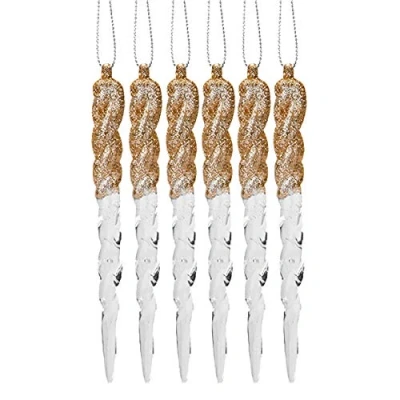 Image of Snow White 6 Pack 12cm Acrylic and Glitter Icicles Christmas Tree Decoration Champagne Gold
