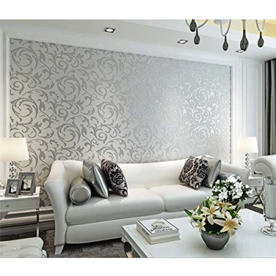 Image of Modern Minimalist 3D Stereo TV Background Living Room Bedroom European Non Woven Damask Leaf Pasted Wallpaper Silver Gray Color 1.73&#039; W x 32.8&#039; L