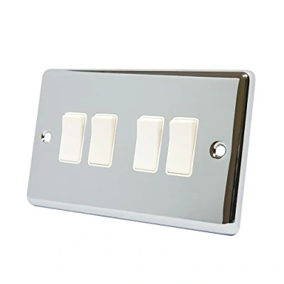 Image of AET CPC4GSWIWH Polished Chrome Classical White Insert Plastic Rocker Switches 10 Amp 4 Gang 2 Way Light Switch, 240 V