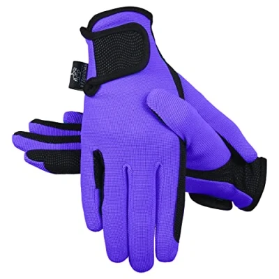Image of AFE Ladies Horse Riding Gloves Track Fabric Synthetic Leather Equestrian Black Stretch (Purple, Medium)