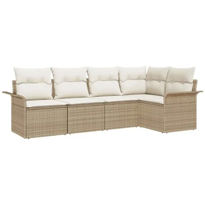 Image of vidaXL 5 Piece Garden Sofa Set with Cushions Beige Poly Rattan