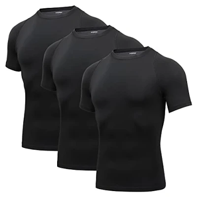 Image of AMZSPORT Men&#039;s compression shirt, short sleeve, functional quick drying fitness top, 112025 Black (Pack of 3), S