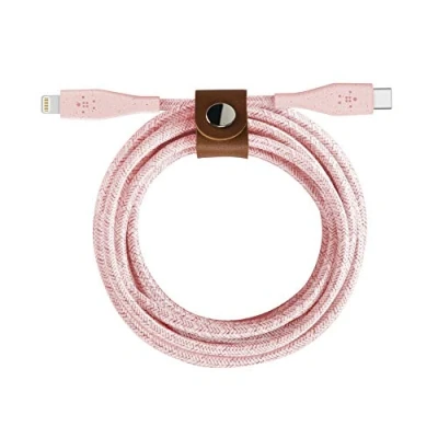 Image of Belkin Boost Charge USB C Cable with Lightning Connector + Strap (made DuraTek) to for iPhone 13, 13 Pro, Pro Max, mini and Earlier Models, 4ft/1.2m Pink