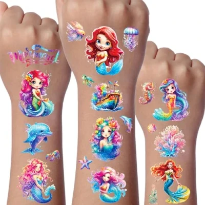 Image of Mermaid Glitter Tattoo for Kid, 12 Sheets Mermaids Temporary Tattoos Kids, Party Decorations, Bags Fillers Gifts, Gifts Girls