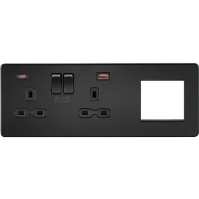 Image of KnightsBridge Screwless 13A 2G DP Socket with USB Fastcharge + Modular Combination Plate Matt Black