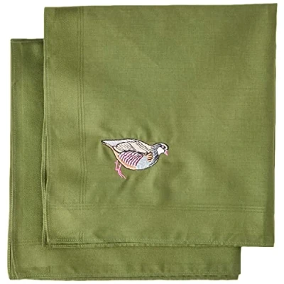 Image of Two 40cm Square cotton embroidered green handkerchiefs with a partridge on one and woodcock the other