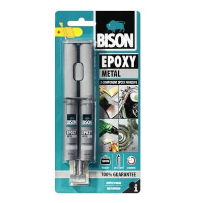 Image of Bison Epoxy Metal Liquid Glue, 24ml with Metallic Silver Color, Full Cure Time 24 hours, Ideal for Bonding Surfaces