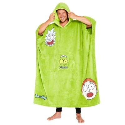 Image of Rick and Morty Hoodie Blanket for Men Teenagers Fleece Oversized Poncho One Size Sherpa Hood Gifts Him (Green Long)
