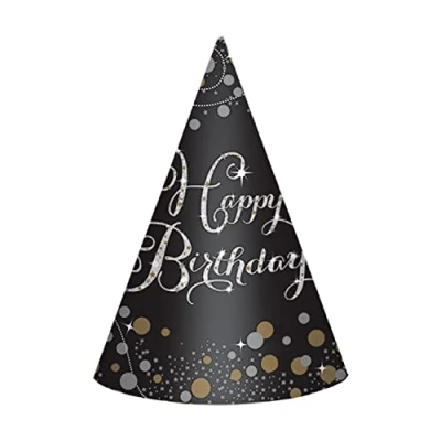 Image of Amscan 250772 Gold Sparkling Celebration Happy Birthday Paper Cone Hats 8 Pack