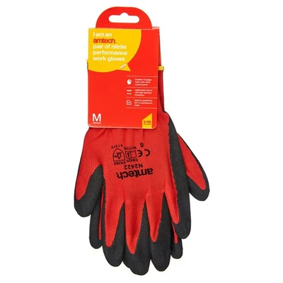 Image of Amtech N2422 Nitrile Performance Work Gloves Medium (Size 8), Certified Quality for DIY, Gardening and Maintenance, Red/Black