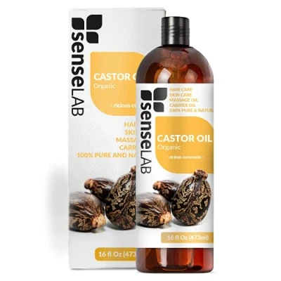 Image of SenseLAB Organic Castor Oil 100% Pure Extract Cold Pressed Carrier Therapeutic Grade Hair, Eyebrows and Eyelashes Care Moisturizing (473 ml)