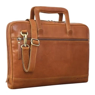 Image of STILORD &#039;Pierce&#039; Leather Laptop Bag with Handle A4 Portfolio Vintage Messenger for 13.3&#039; MacBooks Business Satchel Briefcase Genuine Leather, Colour:Texas Brown