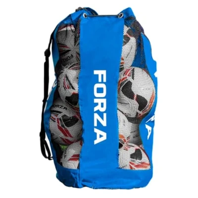 Image of FORZA Premier Ball Carry Bag Drawstring Football, Basketball, Netball &amp; Volleyball Mesh 5 Colour Options Heavy Duty Equipment Holdall 12 Capacity (Blue)