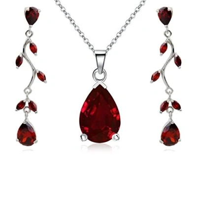 Image of Crystalline Azuria Women 18ct White Gold Plated Teardrops Red Zirconia Crystals Set Necklace 17.7 inches Dangle Earrings