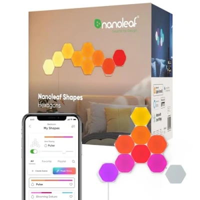 Image of Nanoleaf Shapes Hexagon Starter Kit, 9 Smart Light Panels LED RGBW Modular Wi Fi Colour Changing Wall Lights, Works with Alexa Google Assistant Apple Homekit, for Room Decor &amp; Gaming