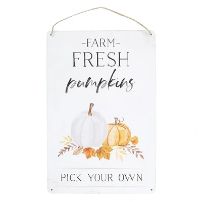 Image of Farm Fresh Pumpkins Metal Hanging Sign Autumn themed Painterly Leaf Design Pick Your Own Seasonal Wall Art
