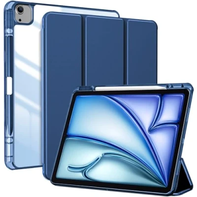 Image of ProCase for iPad Air 13 Inch Case 2024 M2 With Pencil Holder, Clear Transparent Back, Cover Shockproof Smart Folio, Auto Wake/Sleep Navy