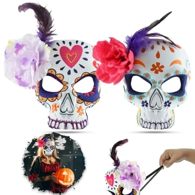 Image of HOVUK 2Pcs Sugar Skull Full Face Mask, Day of The Dead Masquerade Fancy Dress Halloween Costume Accessory for Women, Men Holiday Size 18cm