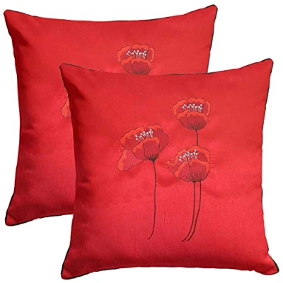 Image of Maple Textiles Set of 2 Red Faux Silk Cushion Covers Embroidered Poppies Floral Design 18&quot; x (45 cm 45 cm)