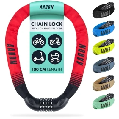 Image of AARON Lock One Bicycle 5 Digit Numerical Code Steel Chain for Higher Security E Bikes, Mountain Trekking Touring Racing Bikes and Electric Vehicles in Red