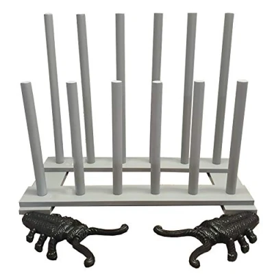 Image of Selections Wooden Welly Boot Rack Organiser in Light Grey with Two Cast Iron Beetle Jacks