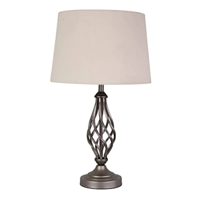 Image of Lighting Supermarket Queenswood Traditional Barley Twist Table Lamp with Natural Linen Drum Shade Pewter Grey