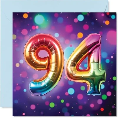 Image of 94th Birthday Cards for Men Women Rainbow Foil Balloon Happy Card 94 Year Old Man Woman Wife Uncle Husband Grandad, 145mm Bday Greeting