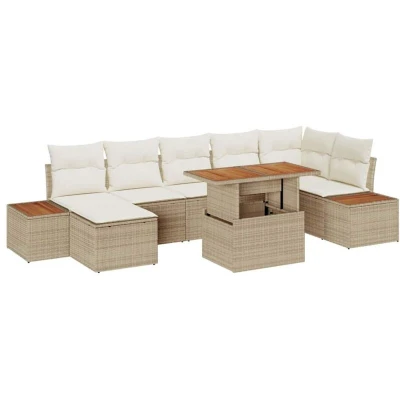 Image of vidaXL 8 Piece Garden Dining Set with Cushions Beige Poly Rattan Acacia