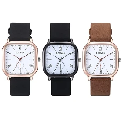 Image of JewelryWe Men Women Simple Square Dial Watch Leather Strap Classic Roman Numeral Dress Quartz Watches
