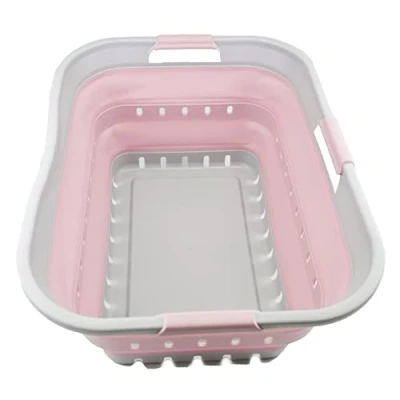 Image of SAMMART 42L Collapsible Plastic Laundry Basket Foldable Pop Up Storage Container/Organizer Portable Washing Tub Space Saving Hamper/Basket (1, Grey/Pale Pink)