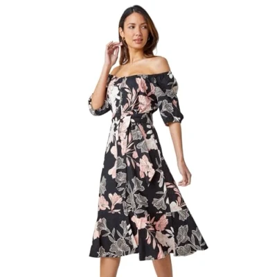 Image of Roman Floral Linen Blend Bardot Midi Dress for Women UK Ladies Spring Everyday Summer Holiday Short Sleeve Soft Elasticated Neckline Comfy Fit &amp; Flare Frock Vacation Gowns Black Size 10