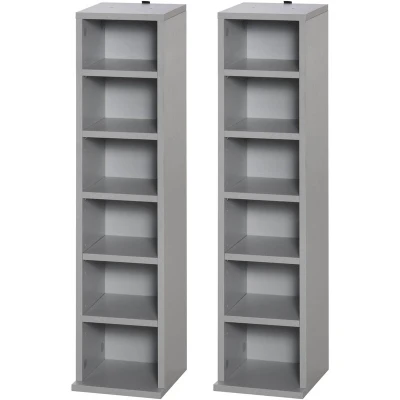 Image of HOMCOM 204 CD Media Display Shelf Unit Set of 2 Blu Ray Tower Rack w/Adjustable Shelves Bookcase Storage Organiser, Grey