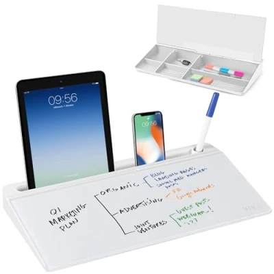 Image of VIVO Glass 16 x 7 inch Dry Erase Board with Storage, Desktop Whiteboard Organizer Hidden Compartments and Device Slot, DESK WB16A
