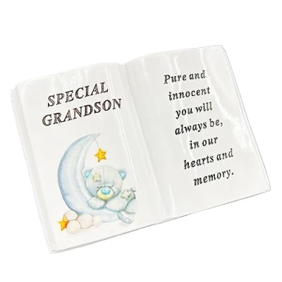 Image of Angraves Special Grandson Baby Boy Teddy Bear Moon Memorial Graveside Book Ornament Plaque