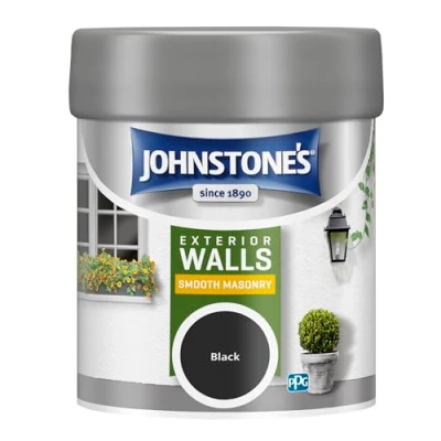 Image of Johnstone’s Exterior Smooth Masonry Paint Tester Pot Black Up to 15 Years Protection Weather &amp; Dirt Resistant 12m2 Coverage Per Litre Dry in 1 2 Hours 225 ml