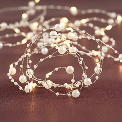 Image of Rhytsing 36 LED White Pearl Glarand Battery Operated Fairy String Lights with Timer Function for Wedding Christmas Party Event Decoration 4.5m Set of 2
